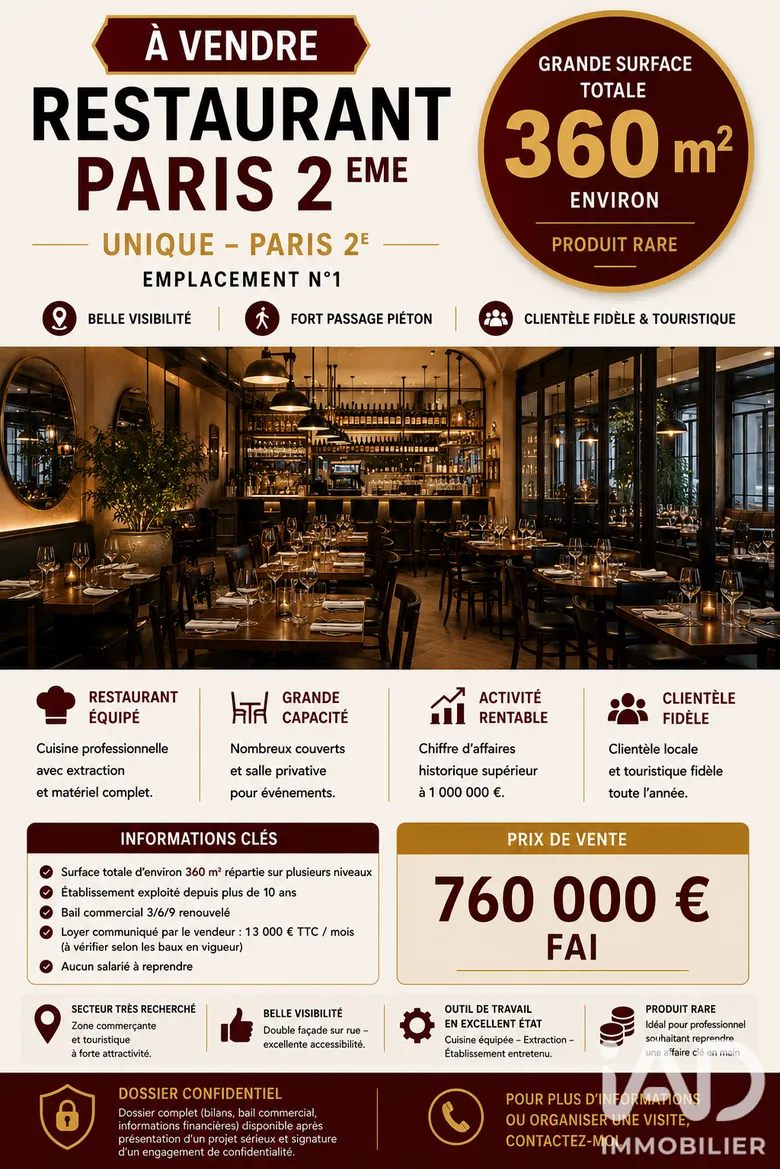 Restaurant à Paris (75002) · 360 m² · 760 000 €