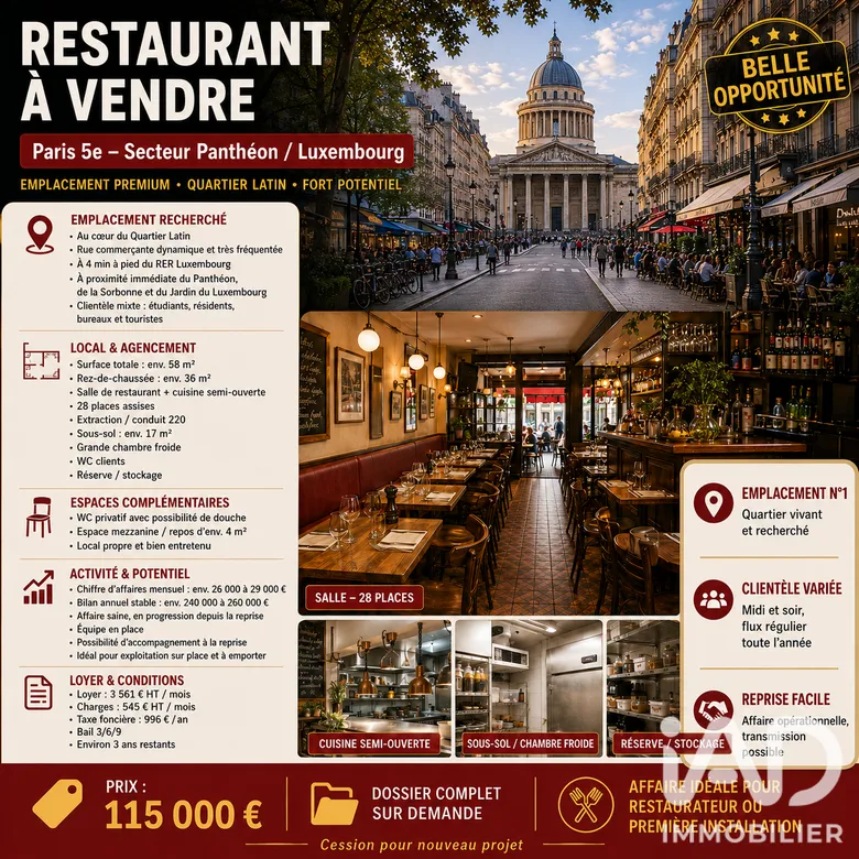 Restaurant à Paris (75005) · 58 m² · 115 000 €