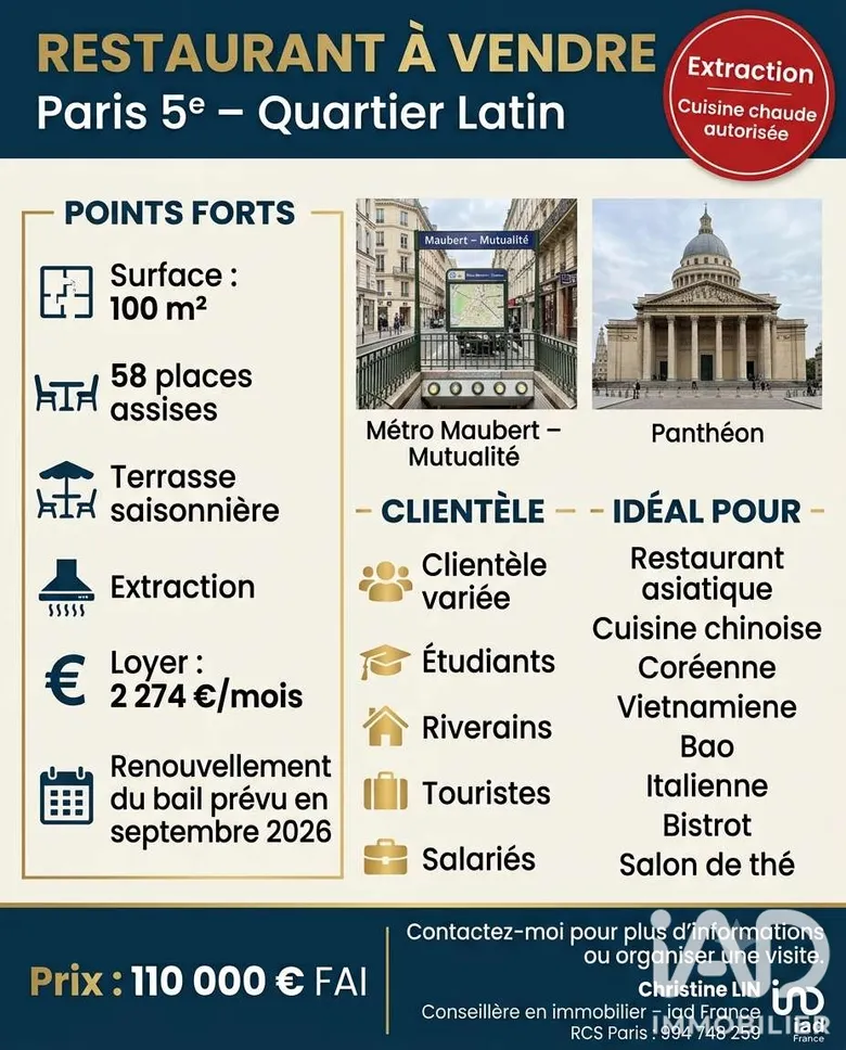 Restaurant à Paris (75005) · 100 m² · 110 000 €