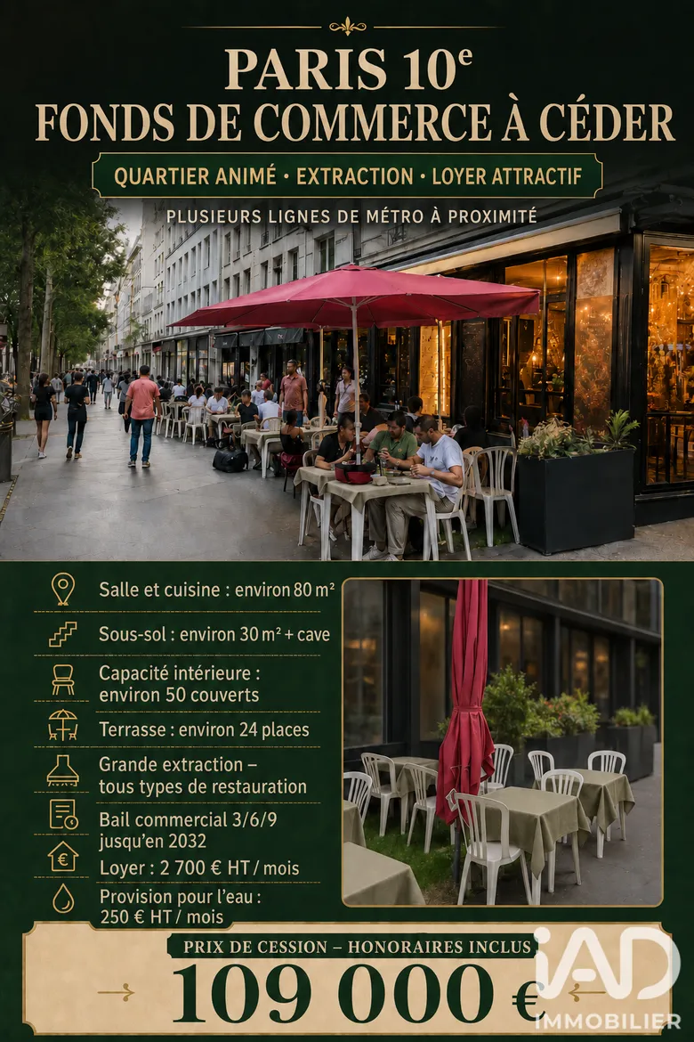 Restaurant à Paris (75010) · 80 m² · 109 000 €