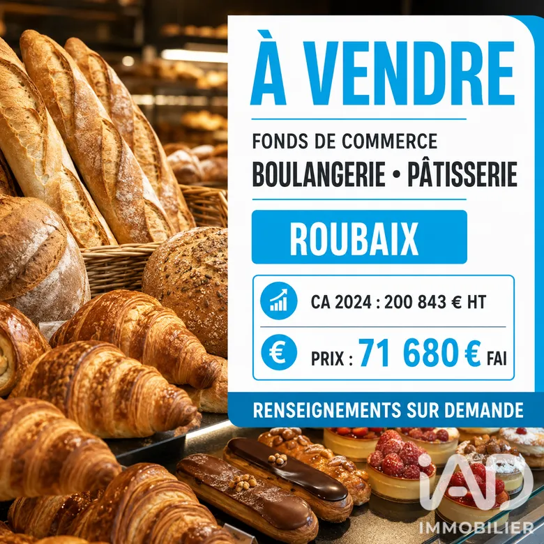 Boulangerie à Roubaix (59100) · 200 m² · 71 680 €